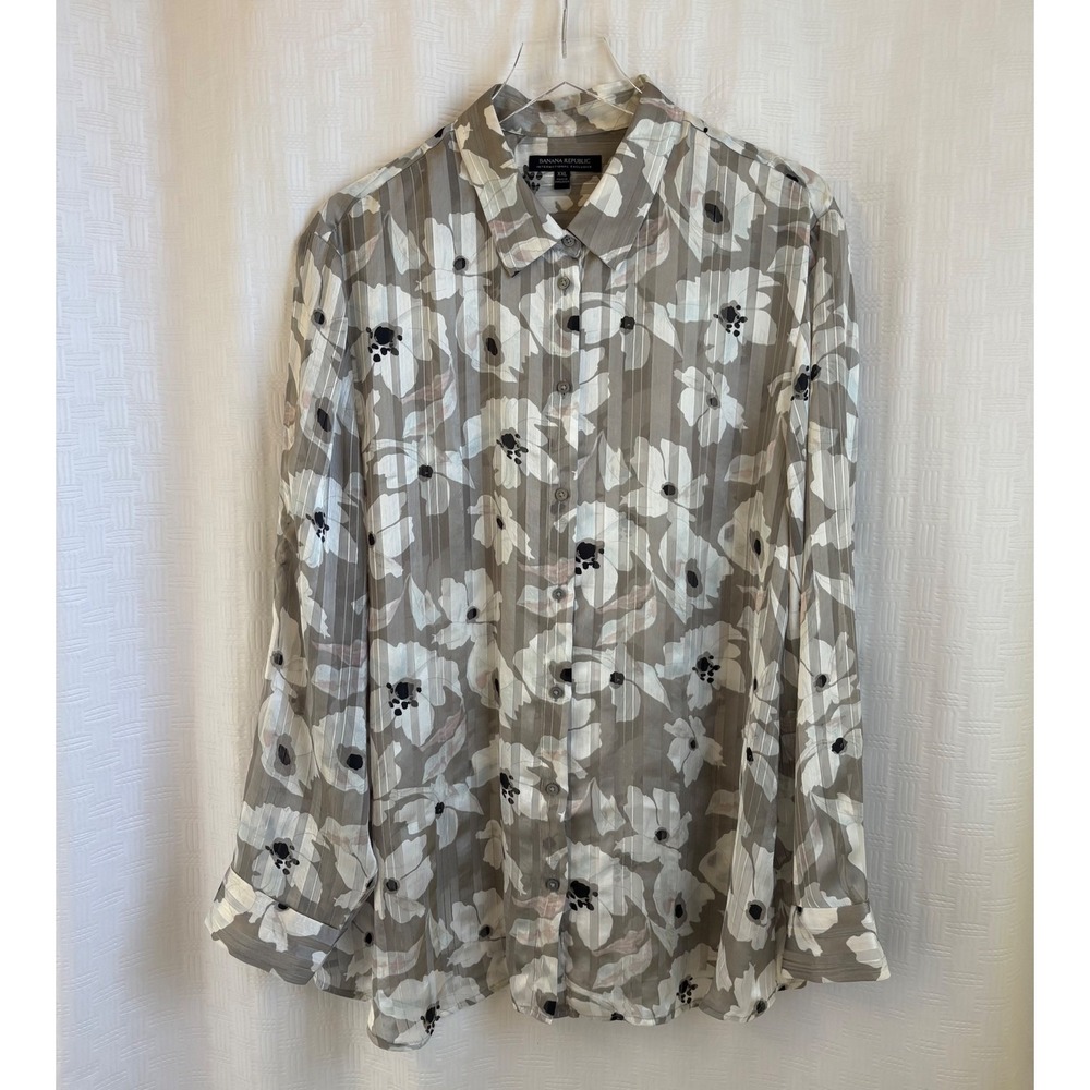 Banana Republic Grey White Floral Sheer Shadow Stripe Button Down Blouse XXL